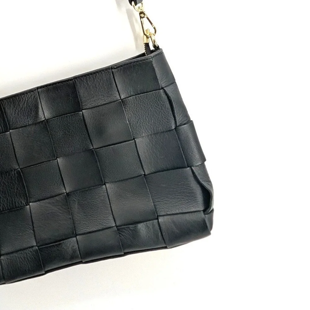 Anna Paola Black Woven Leather Crossbody Bag Made in Italy Gold Hardware